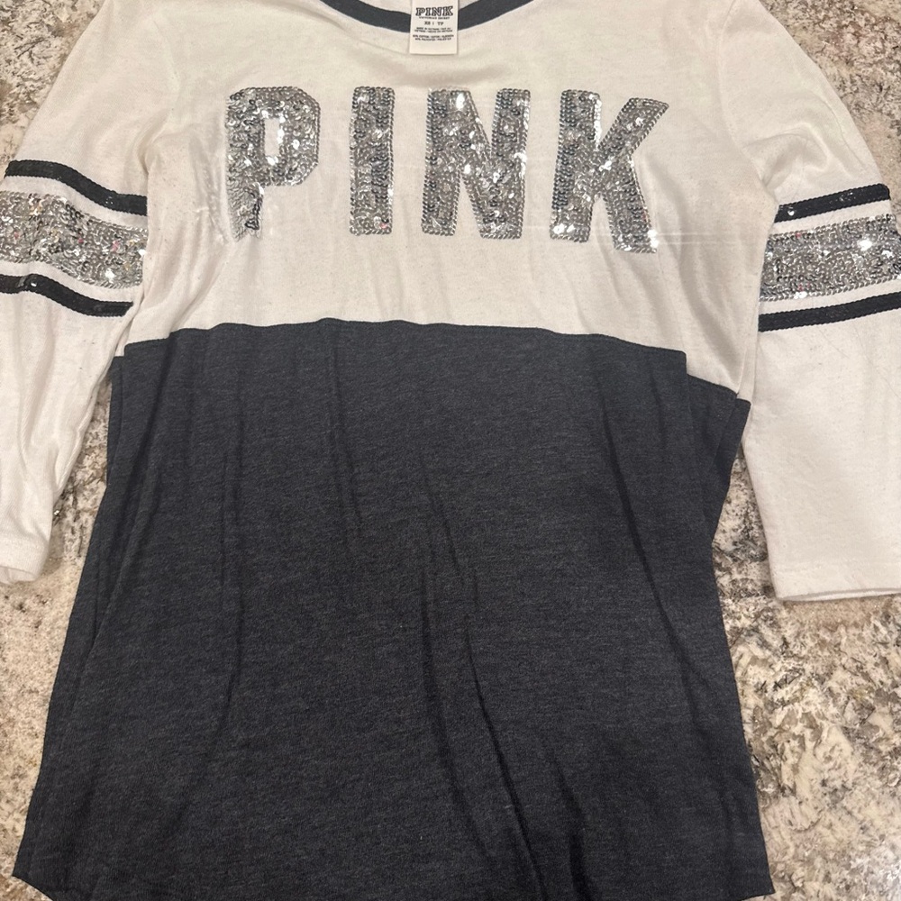 PINK Victoria's Secret Womens Sequin 3/4 Sleeve Shirt - White and Black